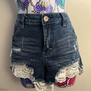 Almost Famous High Rose Jean Denim Distressed Shorts Embroidered White Pockets